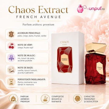 Parfum Arăbesc Chaos French Avenue 100 ml, Extract de Parfum Unisex, Damă și Bărbat, Inspirat Kirsch Headspace, Aromă Aromatic Orientală Fructat Pieloasă cu Cireșe, Fructe Roșii, Iris, Piele, Accente Pudrate, Vanilie, Tonuri Fumurii, Note Pământii, Cedru, - Img 8