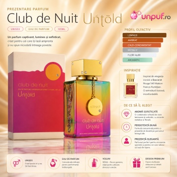 Parfum Arăbesc Club De Nuit Untold Armaf 105 ml, Apă de Parfum Unisex Damă și Bărbat, Aromă Oriental Florală, Lemnoasă, Ambrată și Sofisticată, Inspirată de Baccarat Rouge 540 - Img 3