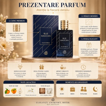 Parfum Arăbesc Fragrance World Blue Magician 100 ml, Apă de Parfum Unisex, Damă și Bărbat, Aromă Acvatic Proaspătă cu Note Marine, Bergamotă, Grepfrut, Lavandă, Note Ozonice, Salvie, Cedru, Ambroxan și Mosc - Img 3