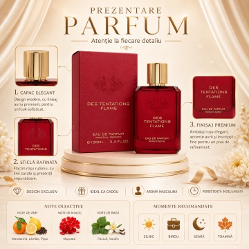 Parfum Arăbesc Fragrance World Des Tentations Flame 100 ml, Apă de Parfum Bărbați, Aromă Oriental Condimentată, Intensă și Seducătoare, cu Note de Citrice, Piper, Scorțișoară, Condimente Calde, Cedru, Rășini, Patchouli, Ambră, Mosc și Vanilie - Img 3