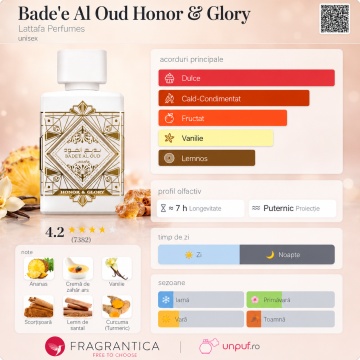 Parfum Arăbesc Lattafa Bade’e Al Oud Honor & Glory 100 ml, Apă de Parfum Unisex, Aromă Oriental Aromatică cu Ananas, Crème Brûlée, Scorțișoară, Piper Negru, Santal și Vanilie - Img 3