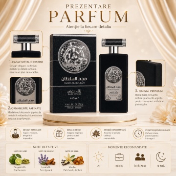 Parfum Arăbesc Lattafa Majd Al Sultan Black 100 ml, Apă de Parfum Bărbat, Aromă Lemnos Aromatică cu Bergamotă, Cardamom, Lavandă, Vanilie și Ambră - Img 2
