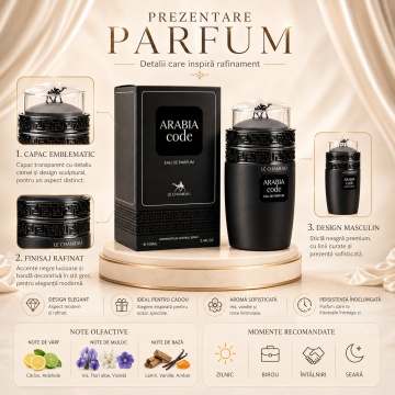 Parfum Arăbesc Le Chameau Arabia Code EDP 100 ml Bărbați, Inspirat Armani Code, Aromă Oriental Ambrată cu Citrice, Condimente, Șofran, Rășini, Flori Albe, Cedru, Ambră, Mosc și Vanilie - Img 3