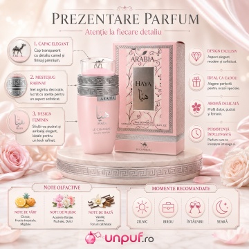 Parfum Arăbesc Le Chameau Arabia Haya EDP 100 ml Damă, Inspirat Yara, Aromă Oriental Ambrată cu Citrice, Șofran, Flori Albe, Rășini, Vanilie, Mosc, Ambră și Lemn de Cedru - Img 3