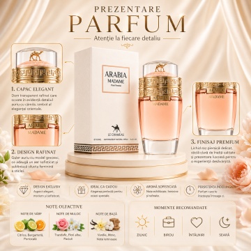Parfum Arăbesc Le Chameau Arabia Madame EDP 100 ml Damă, Inspirat Coco Mademoiselle, Aromă Oriental Ambrată cu Citrice, Șofran, Flori Albe, Ambră, Mosc, Vanilie și Lemn de Cedru - Img 3