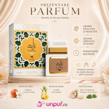 Parfum Arăbesc Le Chameau Genesis Thurath EDP 100 ml Damă, Inspirat Madawi Arabian Oud, Aromă Fructată și Moscată cu Piersică, Flori de Măr, Floare de Ananas, Mosc, Trandafir Sălbatic și Patchouli - Img 3