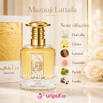 Parfum Arăbesc Mazaaji Lattafa EDP 100 ml Damă, Inspirat Le Parfum Royal Elie Saab, Aromă Citric Florală cu Floare de Portocal, Mandarină, Note Tropicale, Trandafir, Vanilie, Mosc și Lemn de Santal - Img 3