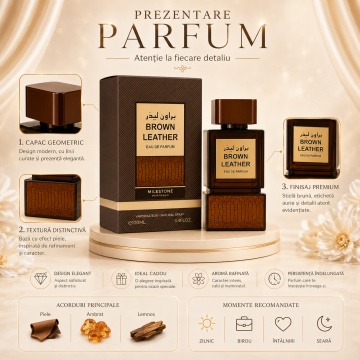 Parfum Arăbesc Milestone Brown Leather EDP 100 ml Unisex, Inspirat Tuscan Leather, Aromă Piele Lemnoasă cu Cardamom, Piper, Șofran, Piele, Lemn Cald, Trandafir, Paciuli, Ambră și Mosc - Img 3