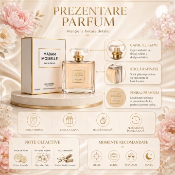 Parfum Arăbesc Milestone Madam Moiselle EDP 100 ml Damă, Inspirat Coco Mademoiselle, Aromă Aromatic Orientală cu Citrice, Condimente, Flori Albe, Lavandă, Note Calde, Cedru, Ambră și Mosc - Img 3