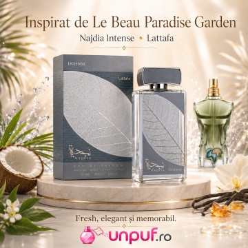 Parfum Arăbesc Najdia Intense Lattafa EDP 100 ml Bărbat, Inspirat Le Beau Paradise Garden, Aromă Lemnos Aromatică cu Ananas, Măr, Mentă, Ghimbir, Note Marine, Lavandă, Mușcată, Paciuli, Santal, Tonka și Mosc - Img 3