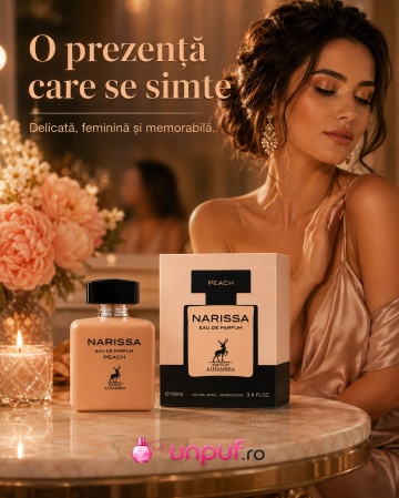 Parfum Arăbesc Narissa Peach Maison Alhambra EDP 100 ml Damă, Inspirat Narciso Poudree, Aromă Lemnos Floral Mosc cu Floare de Portocal, Iasomie, Trandafir, Vetiver, Mosc, Cumarină, Cedru și Paciuli - Img 3