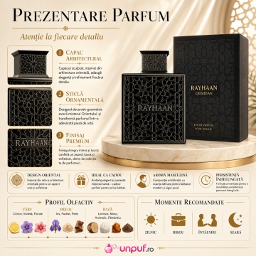 Parfum Arăbesc Obsidian Rayhaan EDP 100 ml Unisex, Inspirat Ultra Male, Aromă Oriental Ambrată cu Citrice, Condimente, Piper, Rășini, Flori Albe, Tămâie, Ambră, Lemn Întunecat și Mosc - Img 3