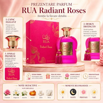 Parfum Arăbesc Rua Radiant Roses Paris Corner 100 ml, Apă de Parfum Damă, Aromă Florală de Trandafir, Inspirat Madame Rose - Img 3