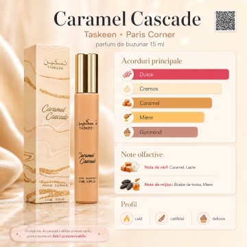 Parfum Arăbesc Taskeen Caramel Cascade Paris Corner 15 ml, Apă de Parfum Unisex, Damă, Bărbat, Aromă Gurmandă cu Caramel, Lapte, Miere, Tonka și Vanilie, Inspirat Bianco Latte - Img 3