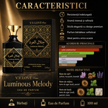 Parfum Arăbesc V.V. Love Luminous Melody Eau de Parfum 100 ml, Bărbați, Inspirat din Bade'e Al Oud Oud for Glory, Aromă Intensă și Persistentă - Img 2
