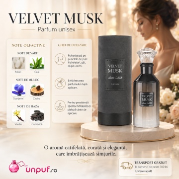 Parfum Arăbesc Velvet Musk Lattafa 100 ml, Apă de Parfum Unisex, Aromă Orientală Catifelată cu Ceai Negru, Mosc Alb, Iris, Vanilie, Ambră, Cedru, Cumarină și Mosc - Img 9