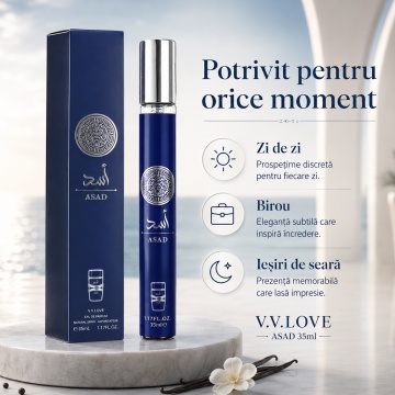 Parfum Bărbat Arăbesc Asad 35 ml V.V. Love, Apă de Parfum, Inspirat de Asad Zanzibar Lattafa, Aromă Masculină Marină cu Lavandă, Piper Negru, Apă de Cocos, Stânjenel, Sare, Vanilie și Tămâie - Img 5