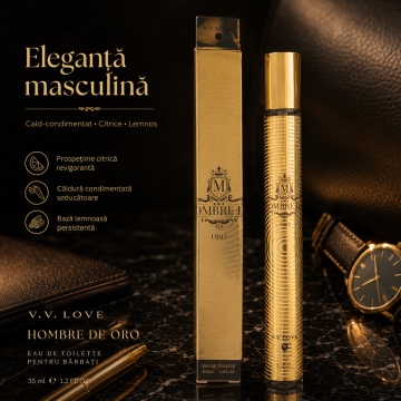 Parfum Bărbați Hombre de Oro 35 ml V.V. Love, Apă de Toaletă, Inspirat de 1 Million Rabanne, Aromă Cald Condimentată cu Mandarină Sângerie, Grapefruit, Mentă, Scorțișoară, Ambră, Piele și Paciuli - Img 3