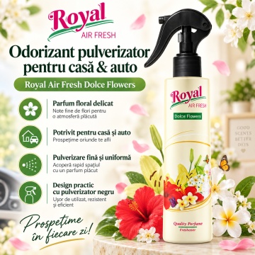 Parfum Concentrat de Cameră Dolce Flowers Royal, Parfum Ambiental Intens cu Aromă Florală, pentru Spații Interioare si Auto, 250 ml