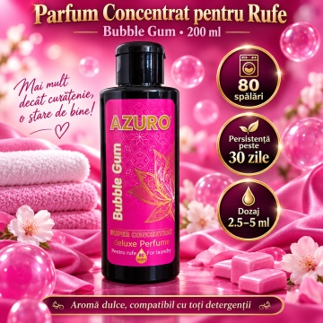 Parfum Concentrat pentru Rufe Azuro Bubble Gum, până la 80 Spălări, Aromă Dulce de Gumă de Mestecat, pentru Spălare Automată și Manuală, 200 ml