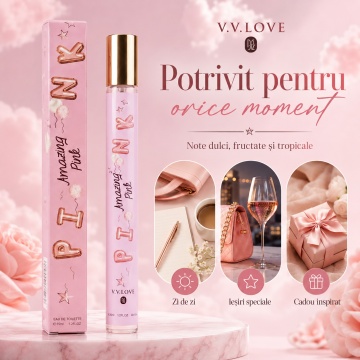 Parfum Damă Amazing Pink 35 ml V.V. Love, Apă de Toaletă, Inspirat de Cloud Pink Ariana Grande, Aromă Dulce Fructată cu Pitahaya, Fructe de Pădure, Ananas, Apă de Cocos, Orhidee de Vanilie, Pralină și Mosc - Img 6