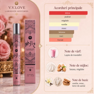 Parfum Damă Arăbesc Labyrinth Mysteries 35 ml V.V. Love, Inspirat de Noble Blush Lattafa, Aromă Dulce Pudrată cu Lapte de Trandafiri, Bezea, Migdale, Vanilie, Mosc și Lemn de Santal - Img 2