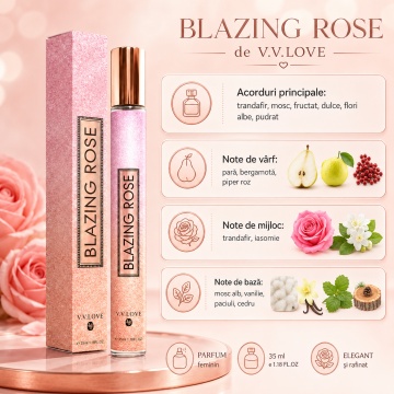 Parfum Damă Blazing Rose 35 ml V.V. Love, Apă de Toaletă, Inspirat de Idôle Lancôme, Aromă Florală cu Trandafir, Pară, Bergamotă, Iasomie, Mosc Alb, Vanilie, Paciuli și Cedru - Img 7
