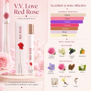 Parfum Damă Red Rose 35 ml V.V. Love, Apă de Parfum, Inspirat de Flower by Kenzo, Aromă Floral Pudrată cu Trandafir Bulgăresc, Violetă de Parma, Coacăze Negre, Vanilie, Mosc Alb și Tămâie - Img 3