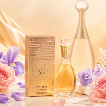 Parfum Damă V.V. Love Golden Eau de Parfum 30 ml, Inspirat din J’Adore Voile de Parfum Dior, Aromă Florală, Pudrată și Elegantă
