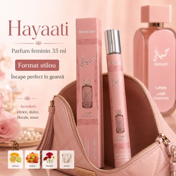 Parfum Hayaati 35 ml, Apă de Parfum Damă, Aromă Floral Fructată Dulce, Citrică și Moscată, Format Compact, Note de Grapefruit Roz, Citrice, Flori, Mosc, Lychee, Trandafir, Piersică, Vanilie și Pralină - Img 4