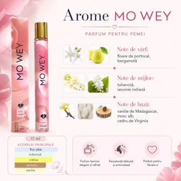 Parfum Mo Wey 35 ml, Apă de Parfum Damă, Aromă Florală Lemnoasă Fresh și Elegantă, Format Compact, Note de Bergamotă, Floare de Portocal, Tuberoză, Iasomie, Vanilie, Mosc Alb și Cedru - Img 5