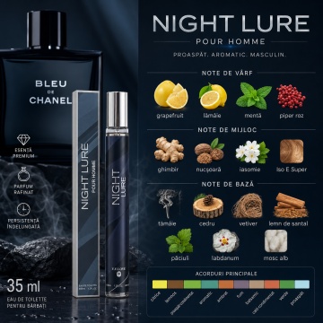 Parfum Night Lure Pour Homme 35 ml, Apă de Parfum Bărbat, Aromă Citrică Lemnoasă, Aromatică și Proaspăt Condimentată, Format Compact, Note de Grapefruit, Lămâie, Mentă, Piper Roz, Ghimbir, Iasomie, Tămâie, Cedru, Vetiver, Lemn de Santal și Mosc Alb - Img 6