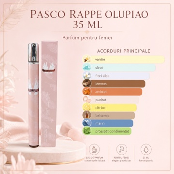 Parfum Pasco Rappe Olupiao 35 ml, Apă de Parfum Damă, Aromă Vanilată Sărată, Florală și Marină, Format Compact, Note de Iasomie de Apă, Mandarină Verde, Floare de Ghimbir, Vanilie, Sare, Cashmeran, Ambergris și Lemn de Santal - Img 3