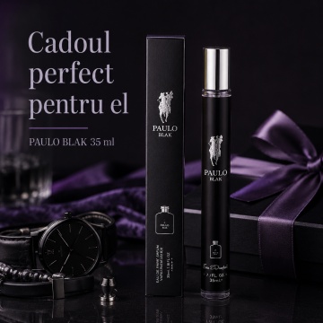 Parfum Paulo Blak 35 ml, Apă de Parfum Bărbat, Aromă Tropical Fructată și Lemnoasă, Format Compact, Note de Mango, Mandarină, Lămâie, Salvie, Pelin, Paciuli, Lemn de Santal și Boabe de Tonka - Img 2