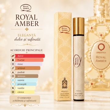 Parfum Royal Amber 35 ml, Apă de Parfum Unisex, Aromă Dulce Fructată și Ambrată, Format Compact, Note de Bergamotă, Note Verzi, Pepene, Ananas, Ambră, Mosc, Note Lemnoase și Vanilie - Img 5
