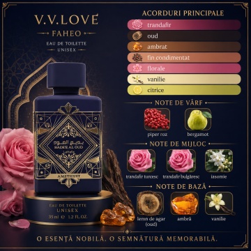 Parfum Unisex Arăbesc Faheo 35 ml V.V. Love, Apă de Toaletă, Inspirat de Bade'e Al Oud Amethyst Lattafa, Aromă Floral Orientală cu Piper Roz, Bergamotă, Trandafir Turcesc, Trandafir Bulgăresc, Iasomie, Oud, Ambră și Vanilie - Img 3