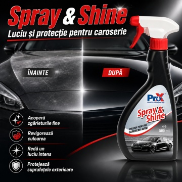 Polish auto exterior PRO X Spray & Shine, soluție cu polimeri siliconici pentru luciu, protecție caroserie, acoperire zgârieturi fine și revigorare culoare, 500 ml, 4x Stickere - Img 3