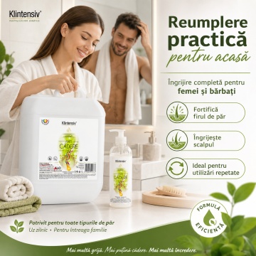 Șampon anti-cădere Klintensiv, formulă profesională cu Caffeine, Niacinamide, Zinc PCA și D-Panthenol, pentru saloane, hoteluri, firme și reumplere, produs românesc, bidon 5 L, 4x stickere - Img 3