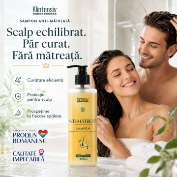 Șampon anti-mătreață Klintensiv, cu Piroctone Olamine și D-Panthenol, pentru scalp echilibrat și păr fără mătreață, peste 94% ingrediente biodegradabile, produs românesc, 400 ml, 4x Stickere - Img 3