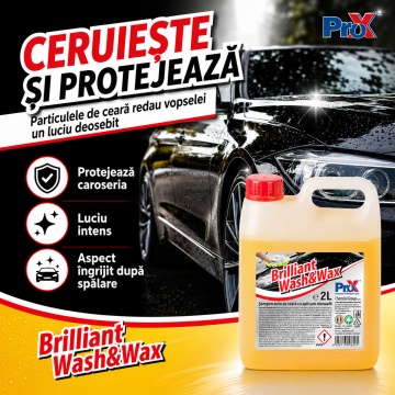 Șampon auto cu ceară PRO X Brilliant Wash&Wax, pH neutru, spumare consistentă, curățare, degresare, ceruire și protecție caroserie, luciu intens, 2 L, 4x Stickere - Img 3