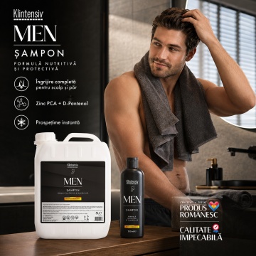 Șampon pentru bărbați Klintensiv, cu Zinc PCA și D-Pantenol, fortificare păr, scalp echilibrat, prospețime instantanee, fără parabeni, siliconi și alcool, pentru toate tipurile de păr, 5 L, 4x Stickere - Img 3