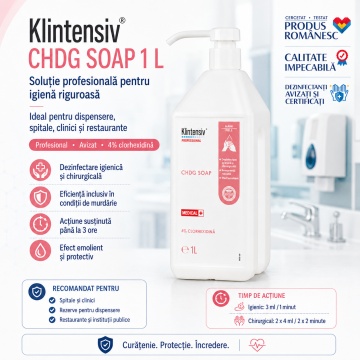 Săpun dezinfectant profesional Klintensiv CHDG Soap, clorhexidină digluconat 4%, pentru spitale, clinici, dispensere și reumplere dozatoare, canistră 5 L, 4x Stickere - Img 3