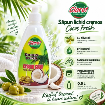 Săpun Lichid Cremos Cloret Cocos Fresh cu Pompiță, pentru Mâini, cu Ulei de Măsline, Curățare Delicată și Parfum de Cocos, 500 ml - Img 3