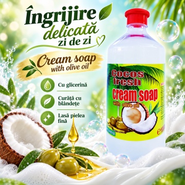 Săpun Lichid Cremos Cloret Cocos Fresh, Rezervă pentru Mâini, cu Ulei de Măsline, Curățare Delicată și Parfum de Cocos, pentru Reumplere Recipiente, 1 L - Img 3