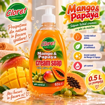 Săpun Lichid Cremos Cloret Mango Papaya cu Pompiță – 500 ml - Img 3