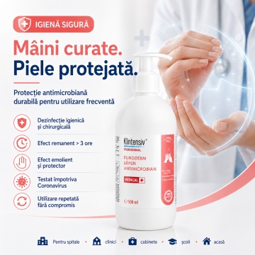 Săpun lichid dezinfectant profesional Klintensiv Klinoderm, pentru dezinfectarea igienică și chirurgicală a mâinilor, corpului și pielii intacte, aviz biocid, 1 L, 4x Stickere - Img 3