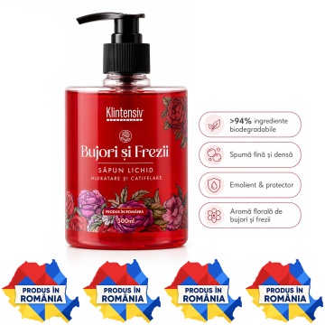 Săpun lichid Klintensiv, parfum Bujori si Freza, spumă fină, efect emolient și protectiv, peste 94% ingrediente biodegradabile, pentru mâini și tegumente, 500 ml, 4x Stickere