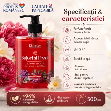 Săpun lichid Klintensiv, parfum Bujori si Freza, spumă fină, efect emolient și protectiv, peste 94% ingrediente biodegradabile, pentru mâini și tegumente, 500 ml, 4x Stickere - Img 3