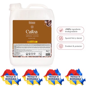 Săpun lichid Klintensiv, parfum Cafea, formulă profesională pentru mâini și tegumente, peste 94% ingrediente biodegradabile, ideal pentru hoteluri, firme, birouri și spații publice, 5 L, 4x Stickere