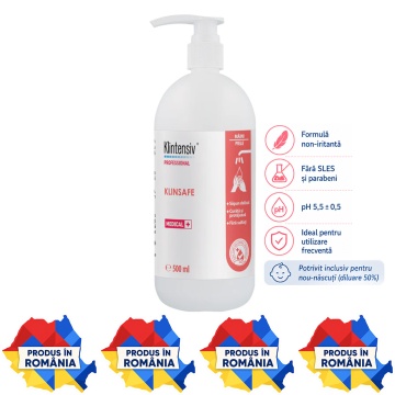 Săpun lichid Klintensiv Professional KlinSafe, pentru piele sensibilă, fără SLES și parabeni, testat dermatologic, pH 5,5, pentru mâini, corp și nou-născuți, 500 ml, 4x Stickere
